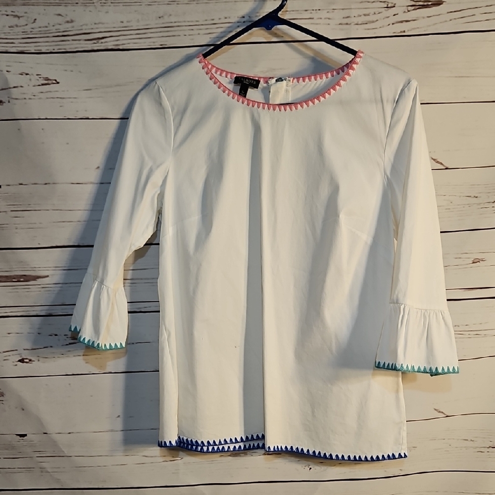 Talbots Petite White Tunic Top with Colorful Embroidered Trim‎ SZ SP